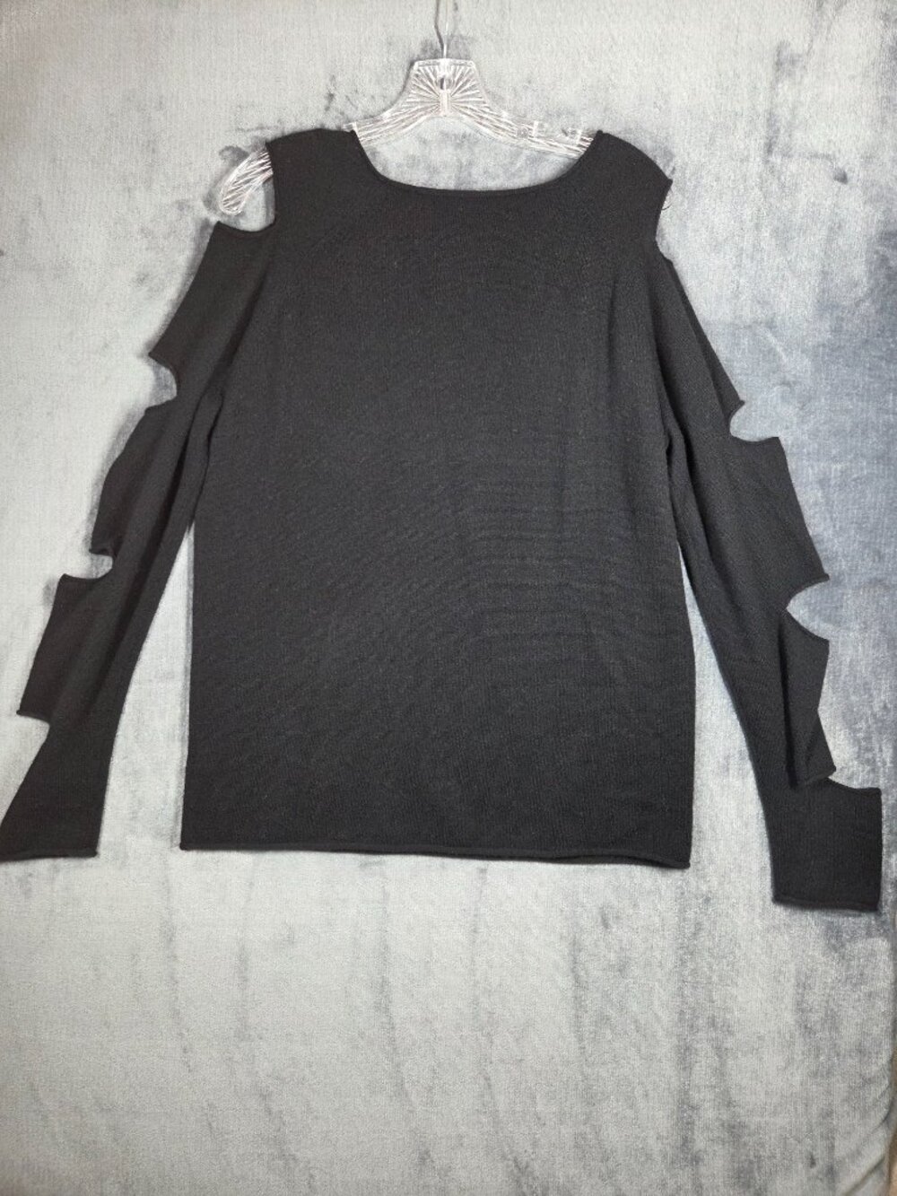 Skull Cashmere Sweater Womens Sz L Black Crew Cut Out Sleeve Cold Shoulder Goth - Picture 8 of 9